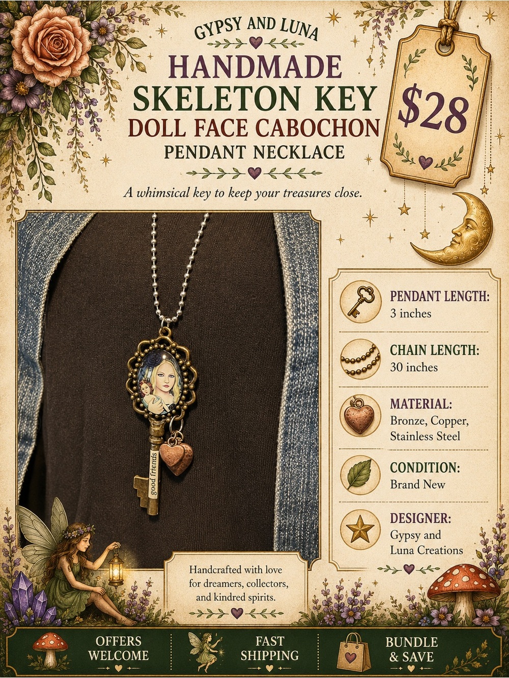 Handmade Bronze Skeleton Key Cabochon Doll Face Pendant Necklace